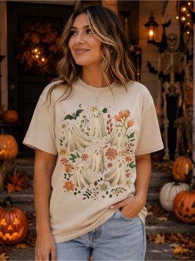 Cute Halloween Ghosts Graphic Tee - Cream